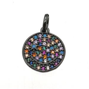 copper circle pendant paved zircon, black plated, approx 11mm dia
