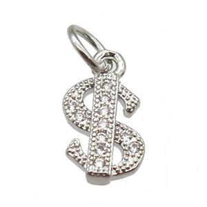 copper dollar-sign pendant paved zircon, platinum plated, approx 6-10mm