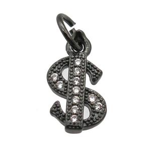 copper dollar-sign pendant paved zircon, black plated, approx 6-10mm