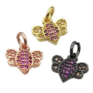 copper honeybee charm pendant paved zircon, mixed color, approx 7-11mm