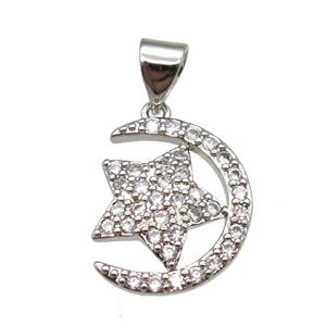 copper moon star pendant paved zircon, platinum plated, approx 12-16mm