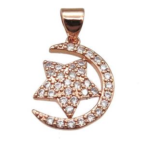 copper moon star pendant paved zircon, rose gold, approx 12-16mm