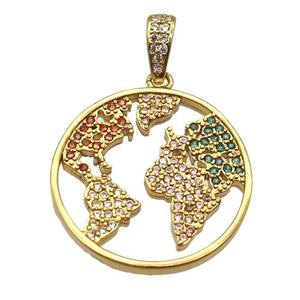 copper worlds-map pendant paved zircon, gold plated, approx 20mm dia
