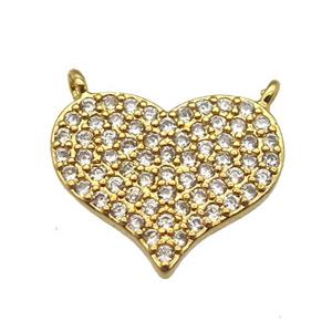 copper heart pendant paved zircon with 2loops, gold plated, approx 12-15mm
