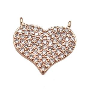 copper heart pendant paved zircon with 2loops, rose gold, approx 12-15mm