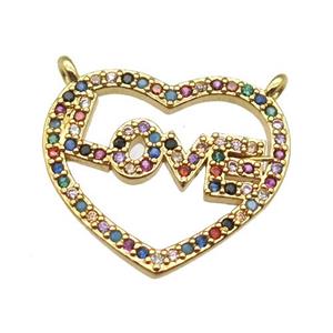 copper LOVE heart pendant paved zircon with 2loops, gold plated, approx 16-18mm