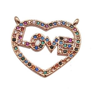 copper LOVE heart pendant paved zircon with 2loops, rose gold, approx 16-18mm