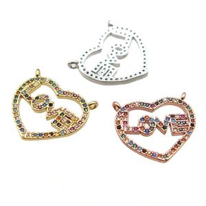 copper LOVE heart pendant paved zircon with 2loops, mixed color, approx 16-18mm