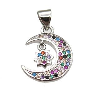 copper moon pendant pave zircon, platinum plated, approx 14-15mm