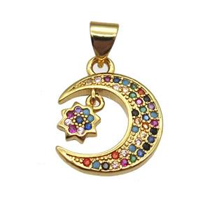 copper moon pendant pave zircon, gold plated, approx 14-15mm