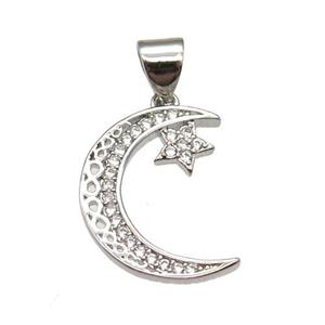 copper moon pendant pave zircon, platinum plated, approx 13-18mm