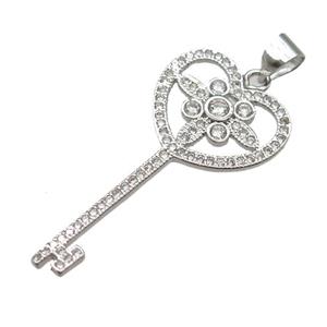 copper Key charm pendant pave zircon, platinum plated, approx 16-32mm
