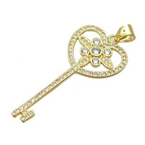 copper Key charm pendant pave zircon, gold plated, approx 16-32mm