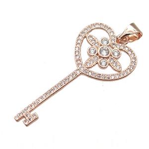 copper Key charm pendant pave zircon, rose gold, approx 16-32mm