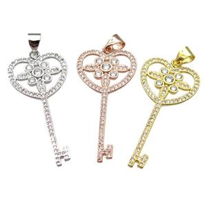 copper Key charm pendant pave zircon, mixed color, approx 16-32mm