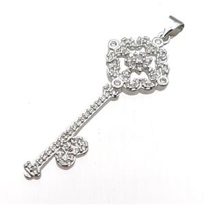 copper Key pendant pave zircon, platinum plated, approx 15-40mm