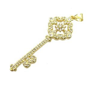 copper Key pendant pave zircon, gold plated, approx 15-40mm