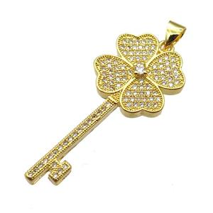 copper Key pendant pave zircon, gold plated, approx 16-37mm