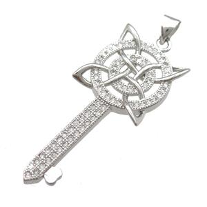copper Key pendant pave zircon, platinum plated, approx 16-37mm