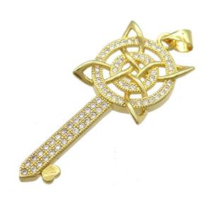 copper Key pendant pave zircon, gold plated, approx 16-37mm