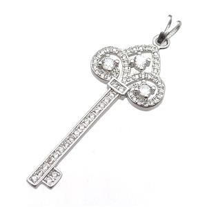 copper Key pendant pave zircon, platinum plated, approx 18-40mm