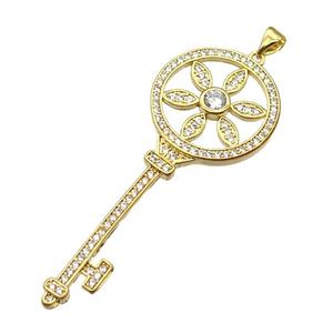 copper Key pendant pave zircon, gold plated, approx 22-57mm