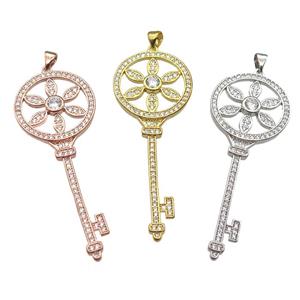 copper Key charm pendant pave zircon, mixed color, approx 22-57mm