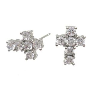 copper studs Earring paved zircon, cross, platinum plated, approx 9-12mm