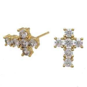 copper studs Earring paved zircon, cross, gold plated, approx 9-12mm