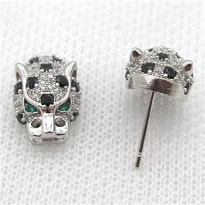 copper studs Earring paved zircon, leopard, platinum plated, approx 11-16mm