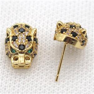 copper studs Earring paved zircon, leopard, gold plated, approx 11-16mm