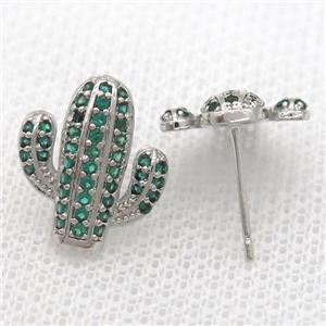 copper studs Earring paved zircon, cactus, platinum plated, approx 14mm