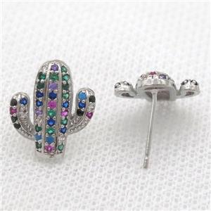 copper studs Earring paved zircon, cactus, platinum plated, approx 14mm