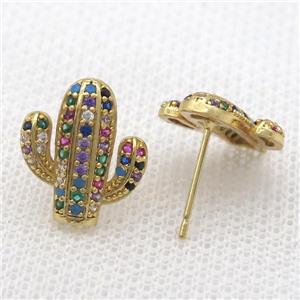 copper studs Earring paved zircon, cactus, gold plated, approx 14mm