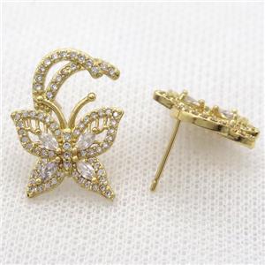 copper studs Earring paved zircon, butterfly, gold plated, approx 17-22mm