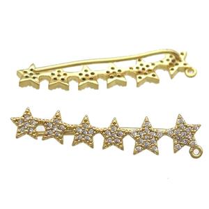 copper brooch paved zircon, star, gold plated, approx 35mm length