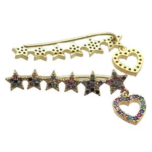 copper star brooch paved zircon, gold plated, approx 35mm length