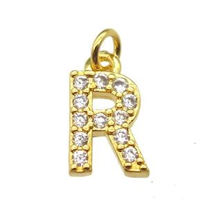 copper letter-R pendant paved zircon, gold plated, approx 10mm