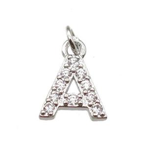 copper letter-A pendant paved zircon, platinum plated, approx 10mm