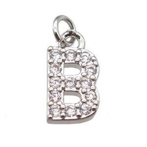 copper letter-B pendant paved zircon, platinum plated, approx 10mm