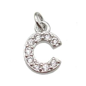copper letter-C pendant paved zircon, platinum plated, approx 10mm