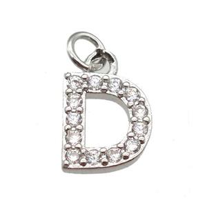 copper letter-D pendant paved zircon, platinum plated, approx 10mm
