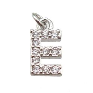 copper letter-E pendant paved zircon, platinum plated, approx 10mm