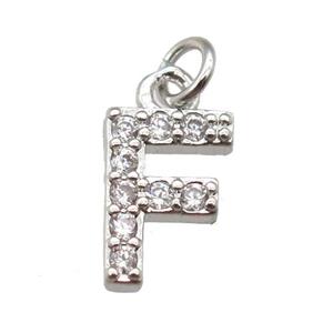 copper letter-F pendant paved zircon, platinum plated, approx 10mm