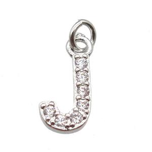 copper letter-J pendant paved zircon, platinum plated, approx 10mm