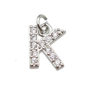 copper letter-K pendant paved zircon, platinum plated, approx 10mm