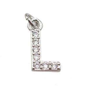 copper letter-L pendant paved zircon, platinum plated, approx 10mm