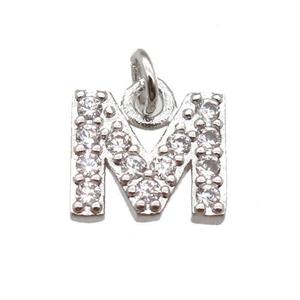 copper letter-M pendant paved zircon, platinum plated, approx 10mm