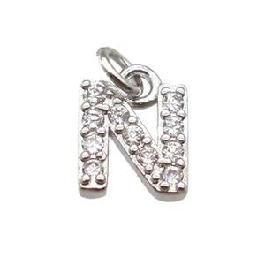 copper letter-N pendant paved zircon, platinum plated, approx 10mm