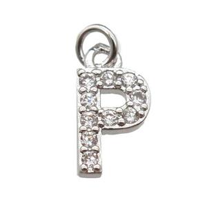 copper letter-P pendant paved zircon, platinum plated, approx 10mm